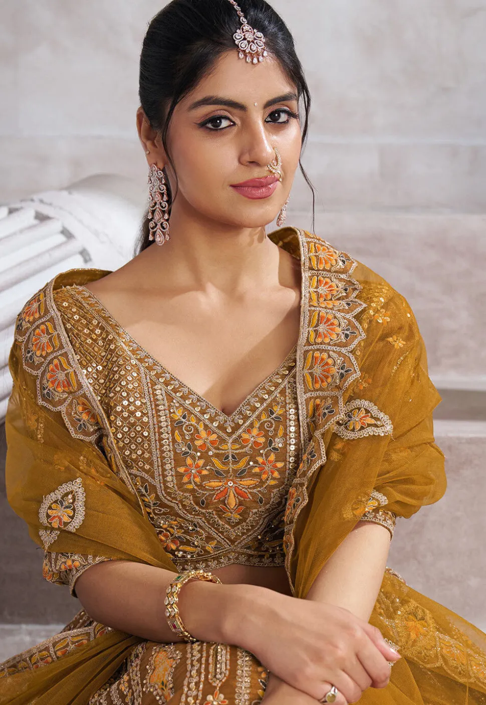 Embroidered Art Silk Lehenga in Mustard