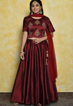 Embroidered Art Silk Lehenga in Maroon