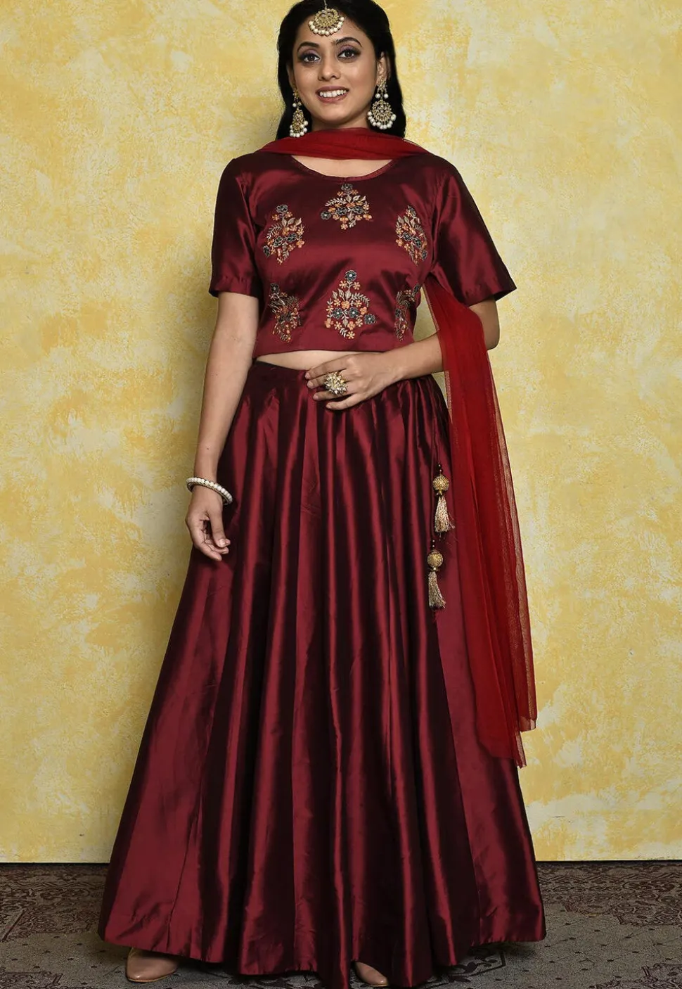 Embroidered Art Silk Lehenga in Maroon