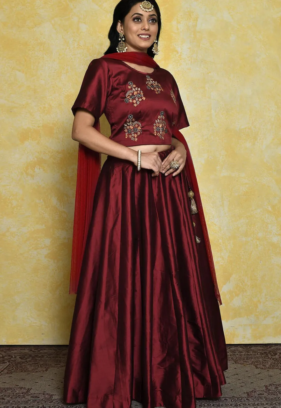 Embroidered Art Silk Lehenga in Maroon