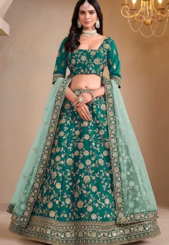 Embroidered Art Silk Lehenga in Teal Green