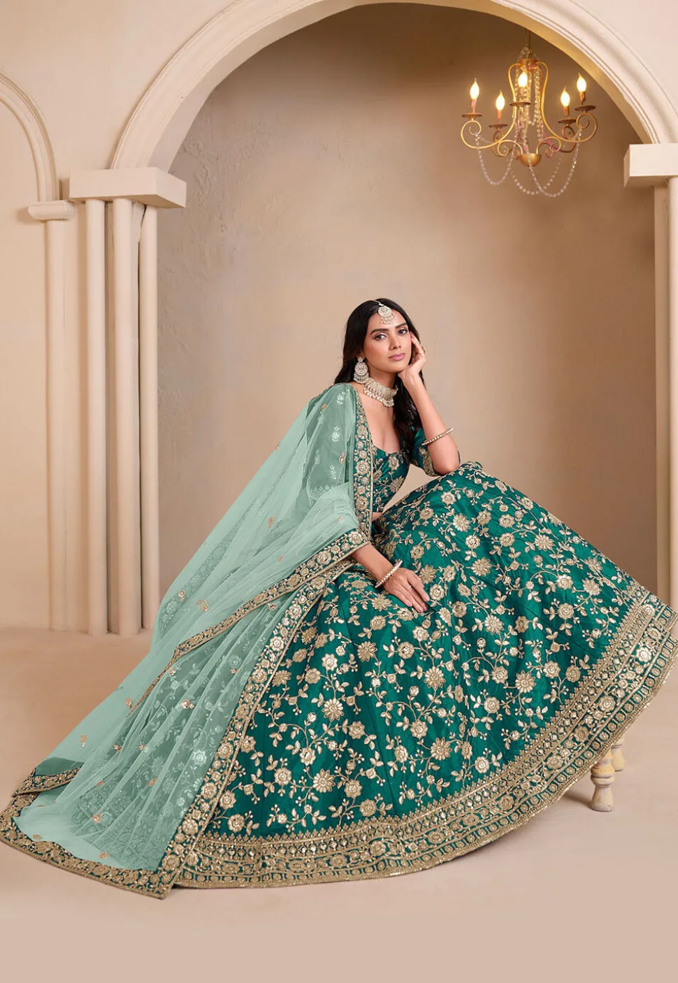 Embroidered Art Silk Lehenga in Teal Green