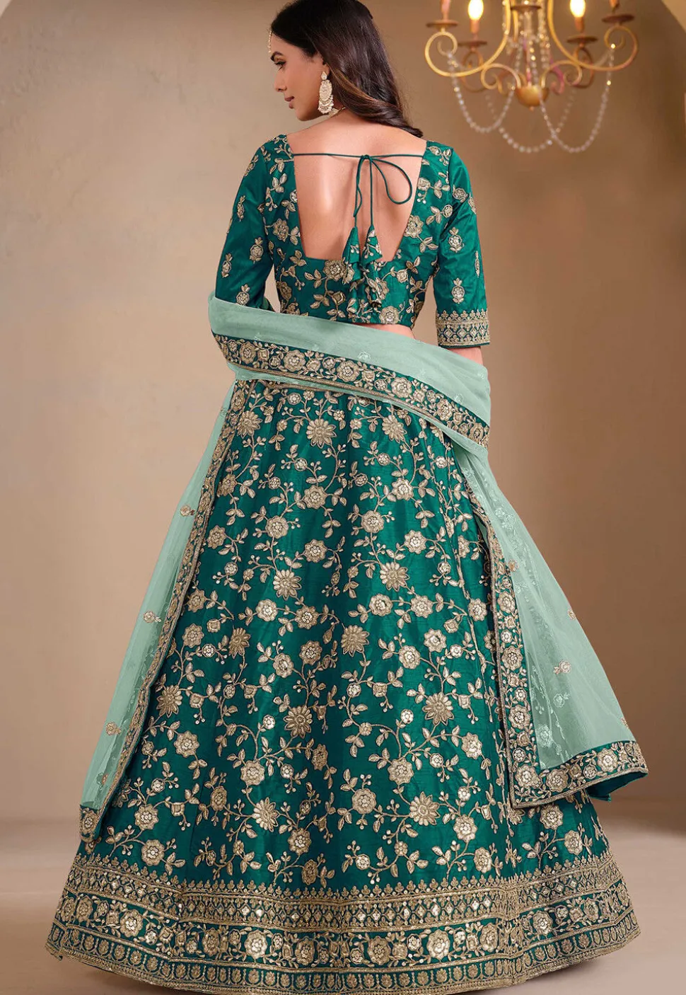 Embroidered Art Silk Lehenga in Teal Green