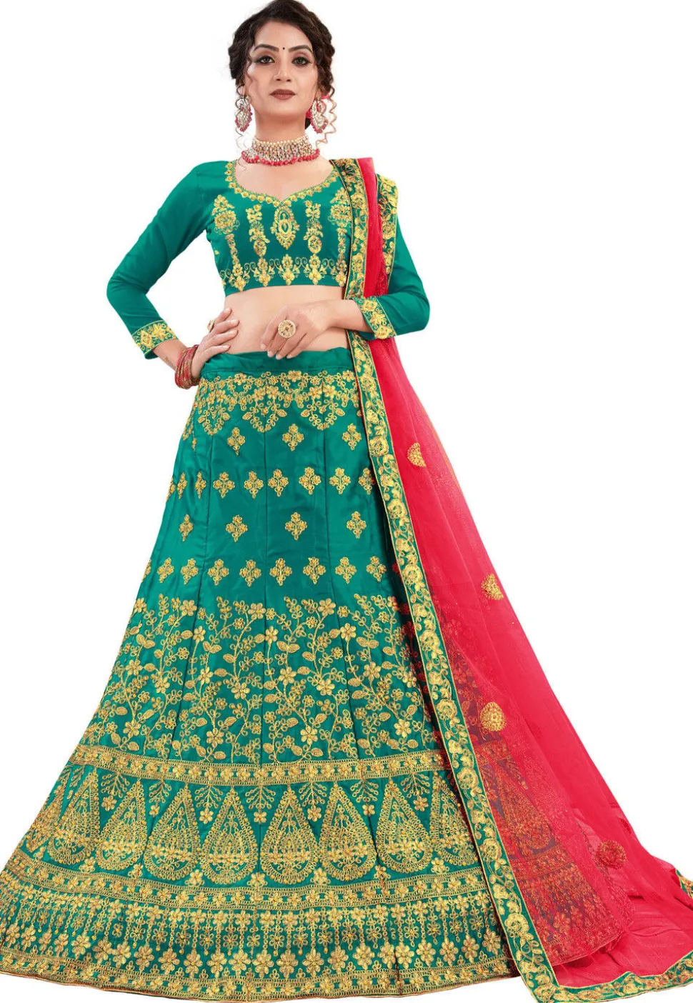 Embroidered Art Silk Lehenga in Teal Green