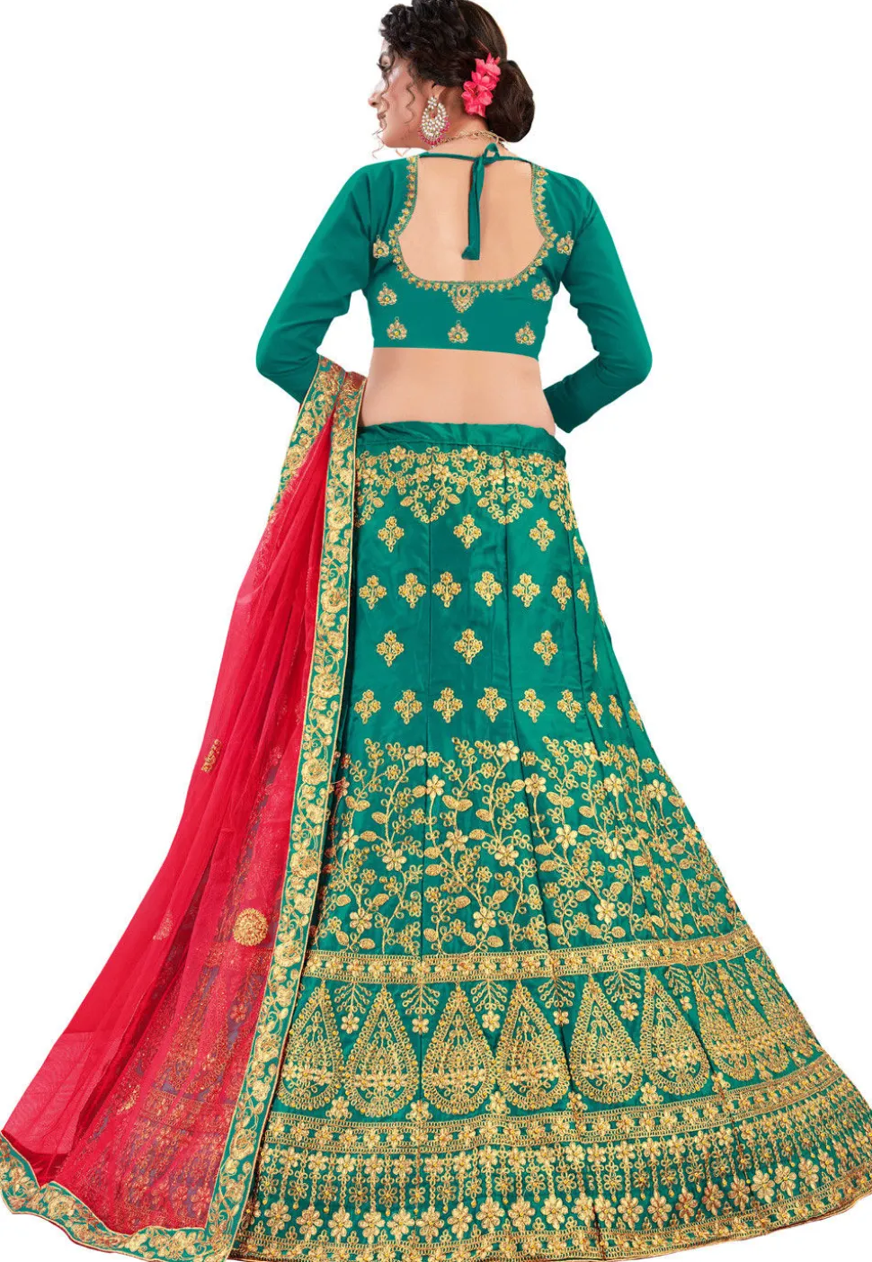 Embroidered Art Silk Lehenga in Teal Green