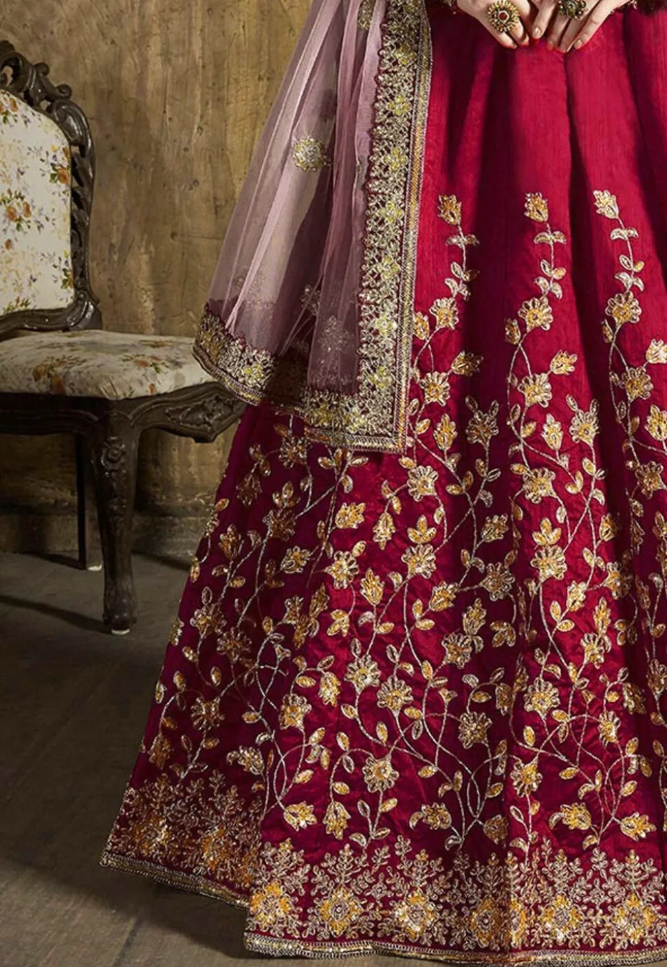 Embroidered Art Silk Lehenga in Magenta
