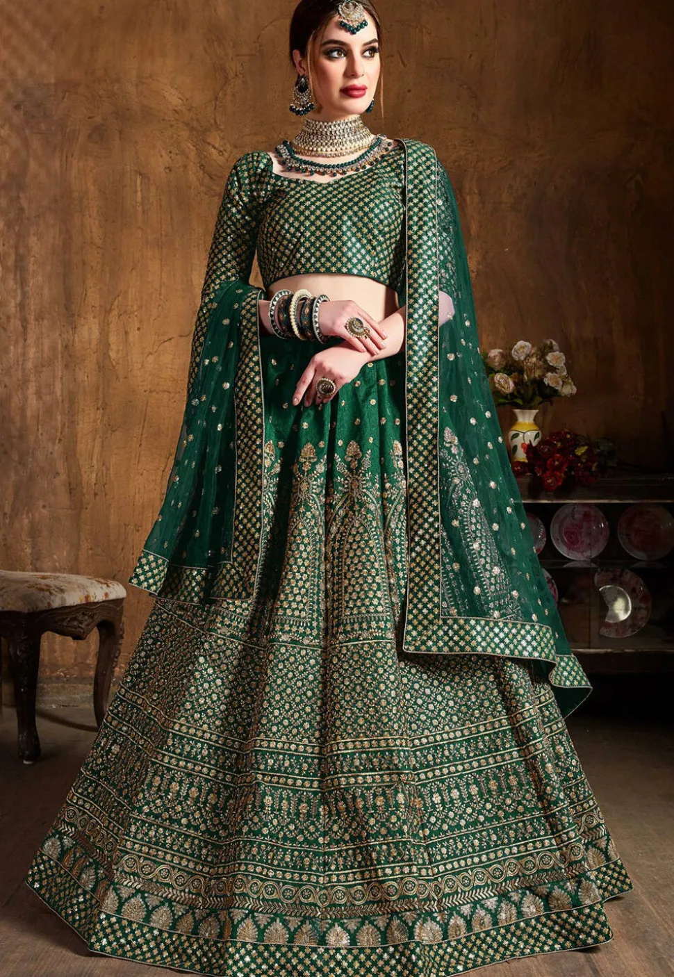 Embroidered Art Silk Lehenga in Green