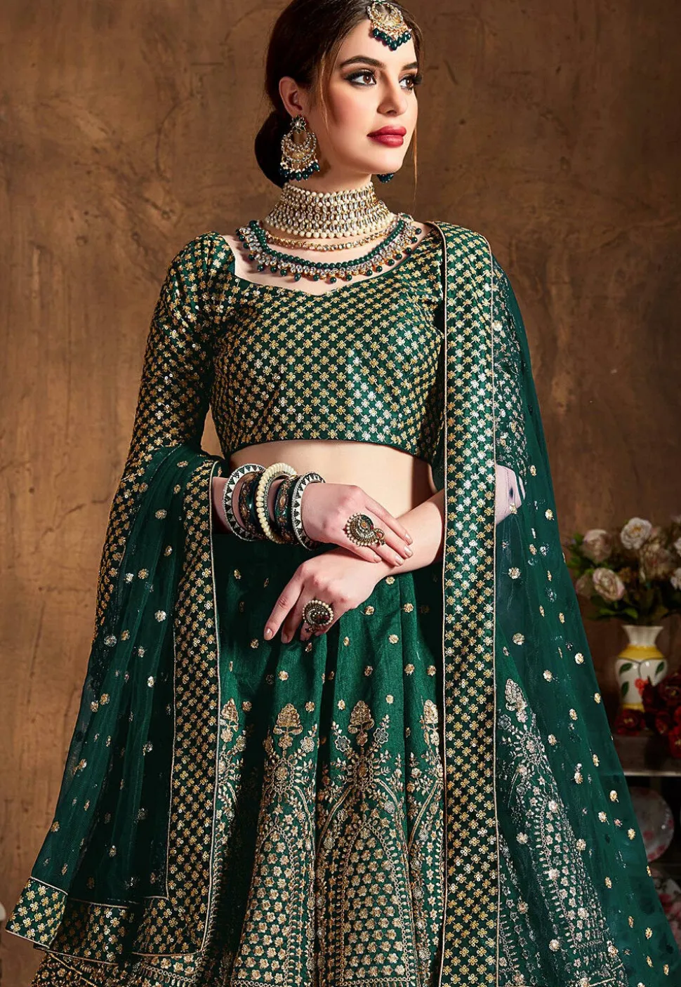 Embroidered Art Silk Lehenga in Green