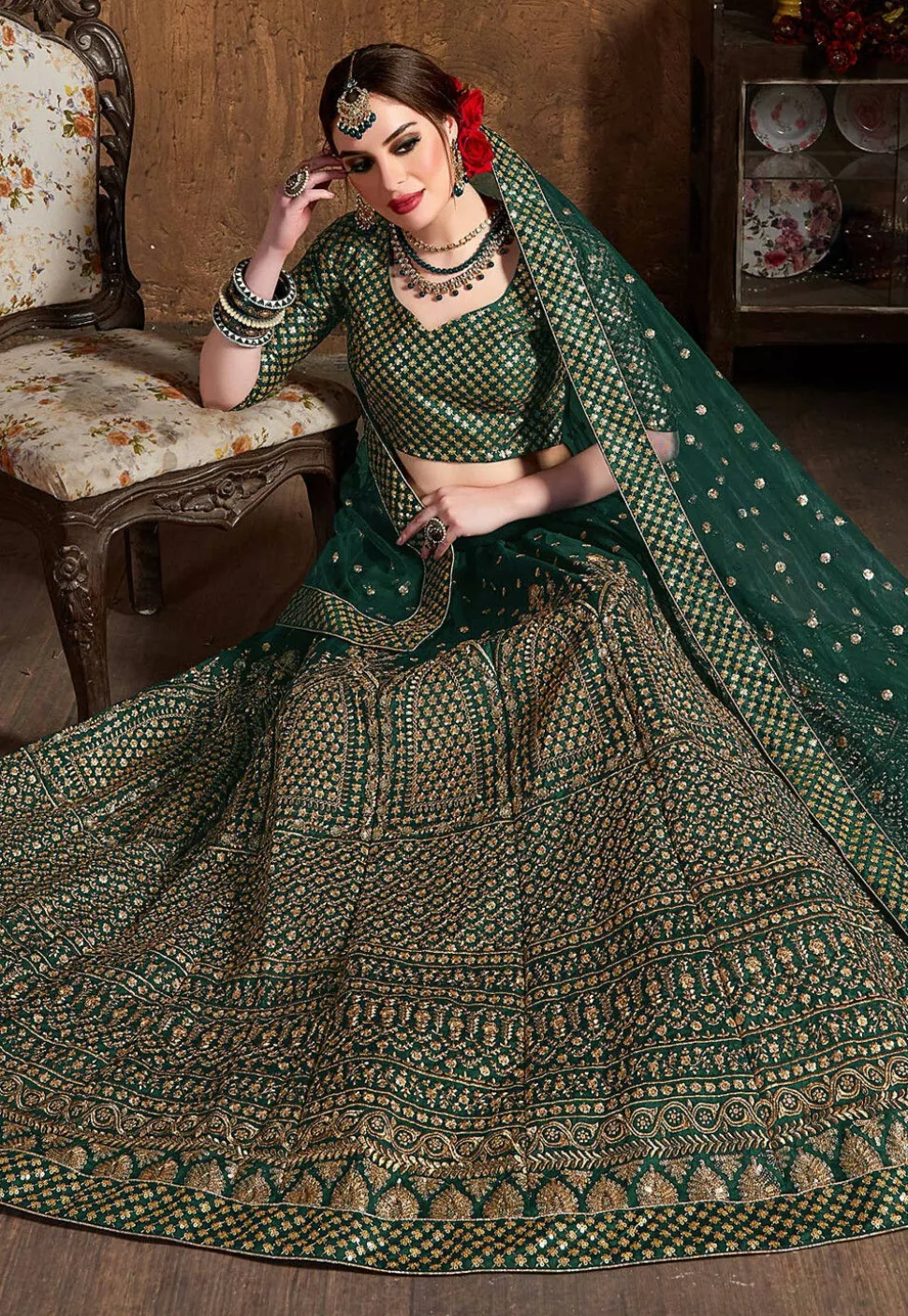 Embroidered Art Silk Lehenga in Green