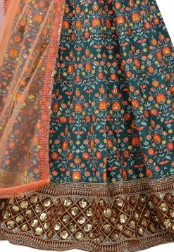 Embroidered Art Silk Lehenga in Teal Green