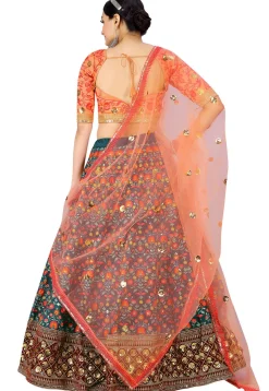 Embroidered Art Silk Lehenga in Teal Green