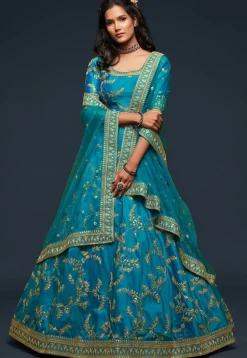 Embroidered Art Silk Lehenga in Light Blue