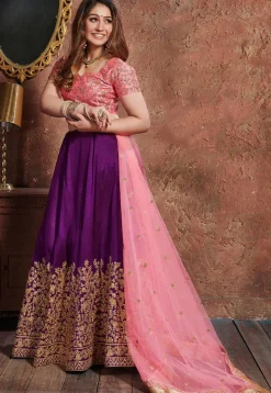 Embroidered Art Silk Lehenga in Purple