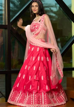Embroidered Art Silk Lehenga in Red