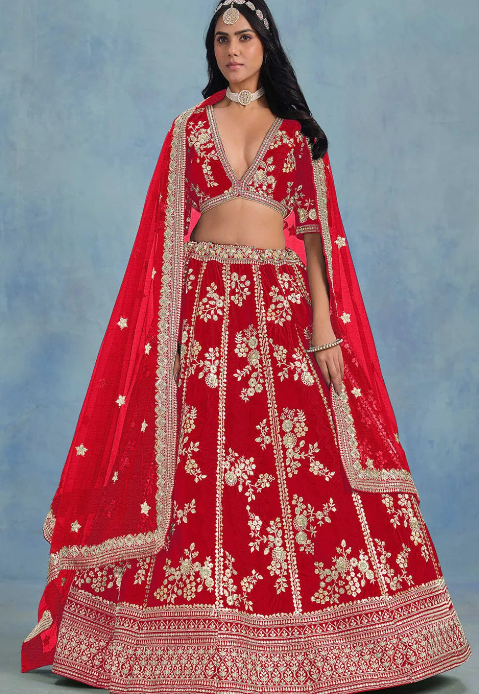 Embroidered Art Silk Lehenga in Red