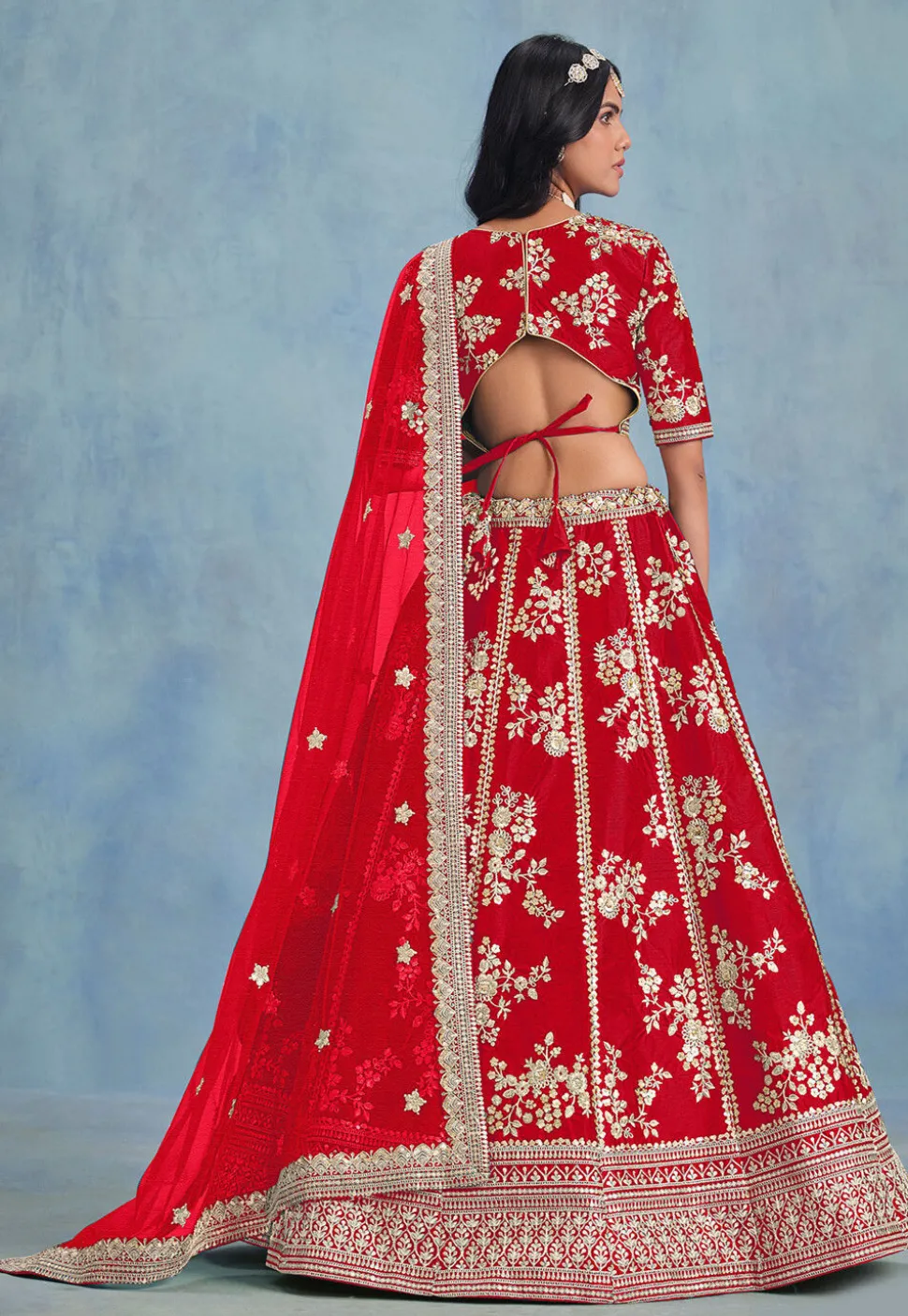 Embroidered Art Silk Lehenga in Red