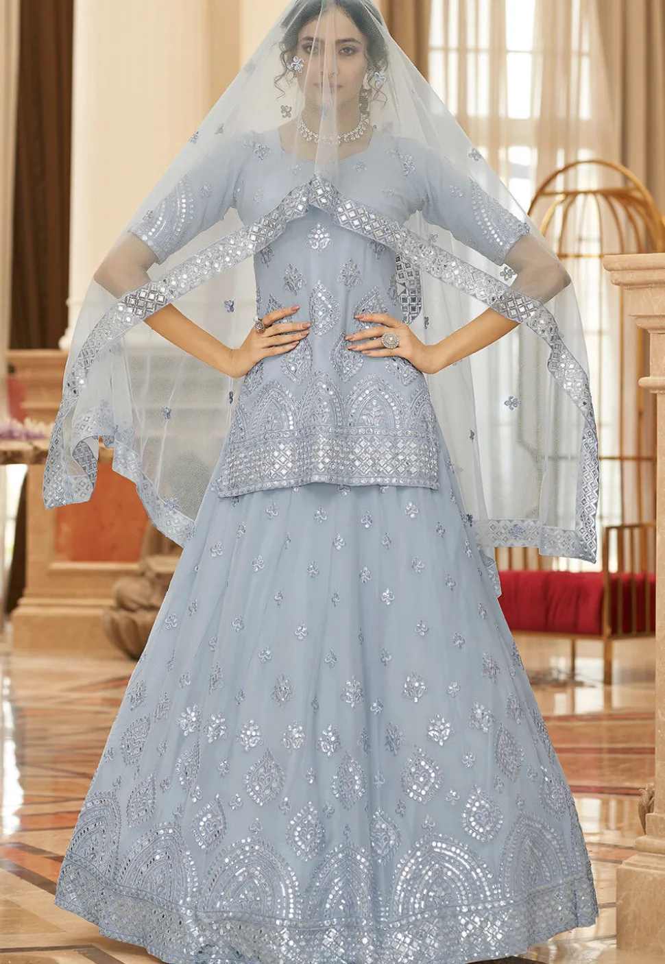 Embroidered Art Silk Lehenga in Grey