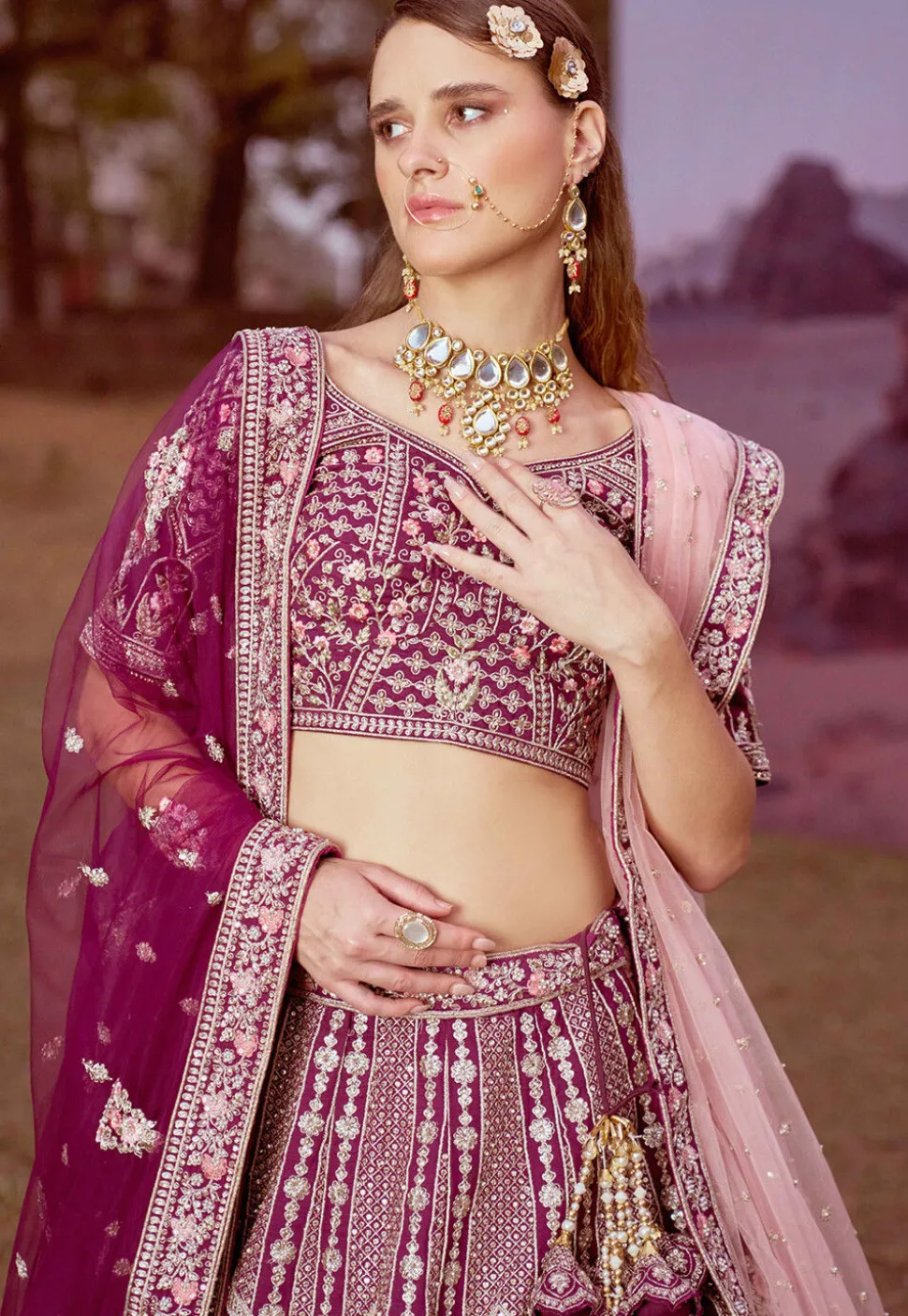 Embroidered Art Silk Lehenga in Purple