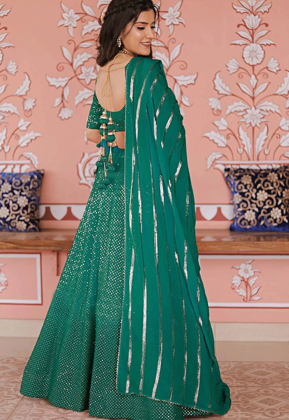 Embroidered Art Silk Lehenga in Shaded Sea Green