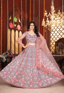 Embroidered Art Silk Lehenga in Grey