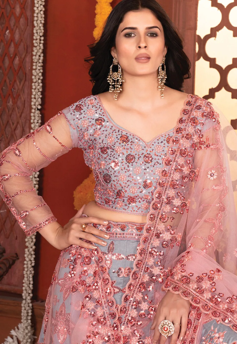Embroidered Art Silk Lehenga in Grey