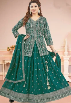 Embroidered Art Silk Lehenga in Teal Green