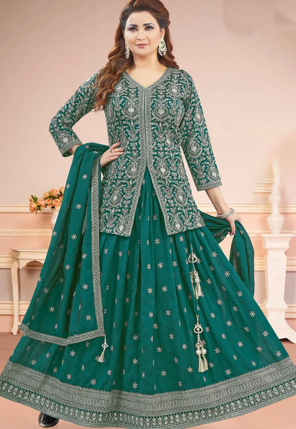 Embroidered Art Silk Lehenga in Teal Green