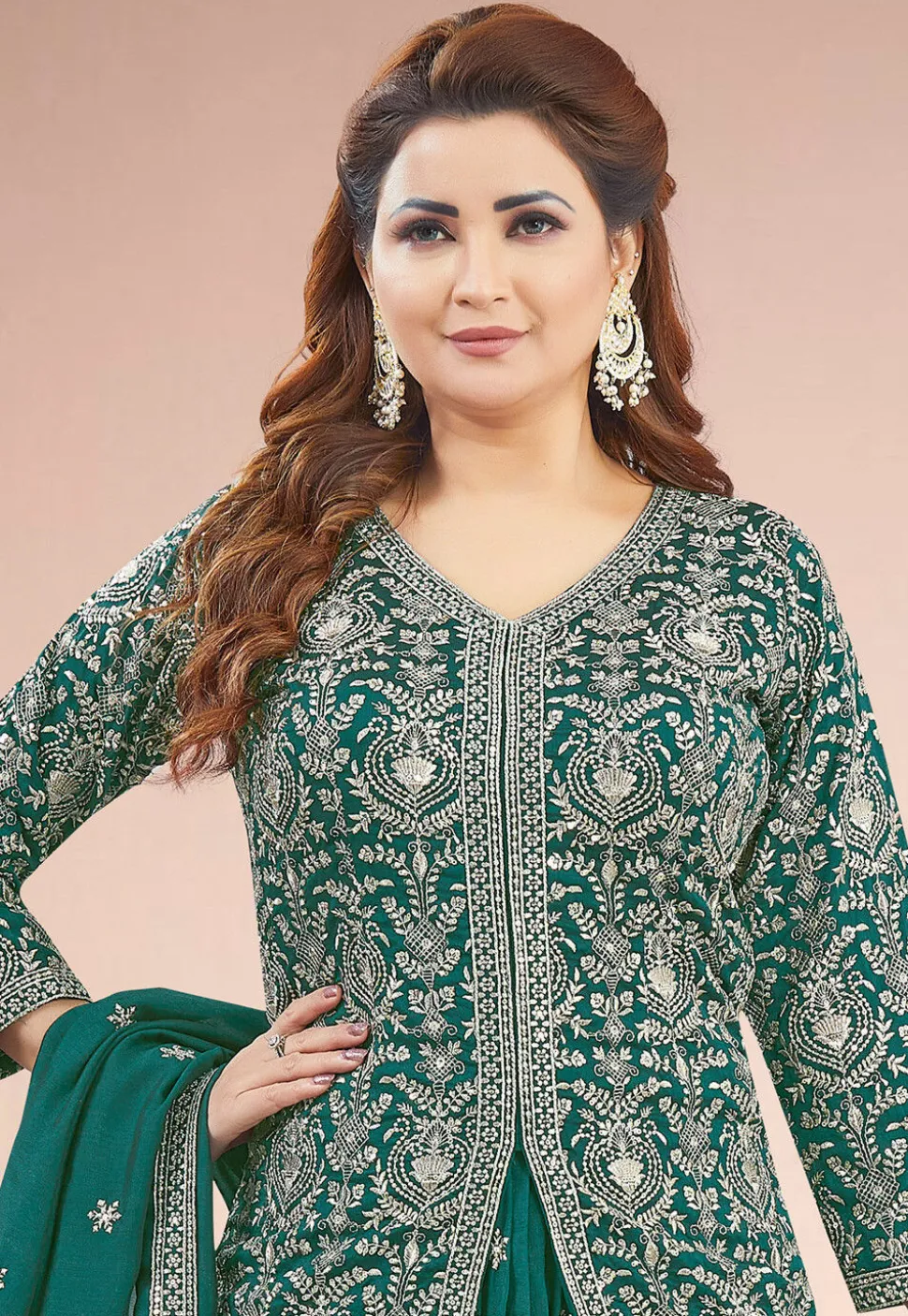 Embroidered Art Silk Lehenga in Teal Green