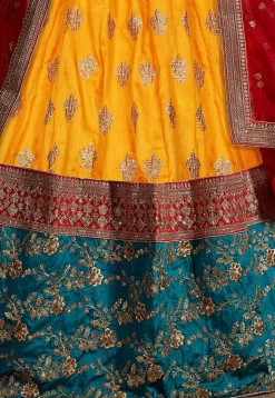 Embroidered Art Silk Lehenga in Yellow and Teal Blue