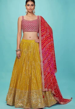 Embroidered Art Silk Lehenga in Yellow