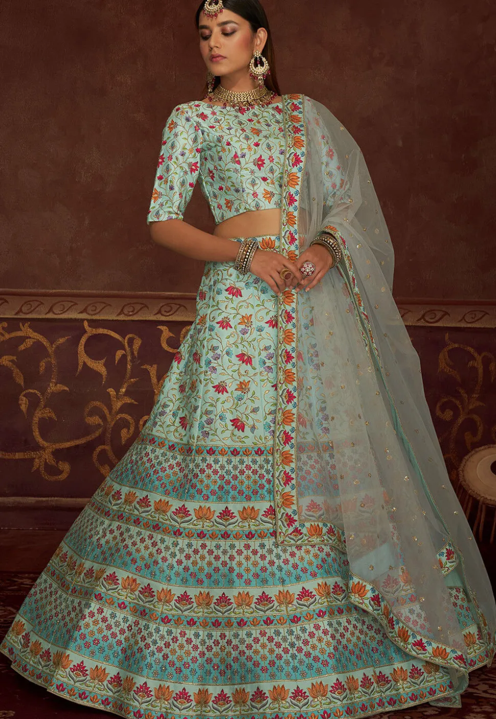 Embroidered Art Silk Lehenga in Sky Blue