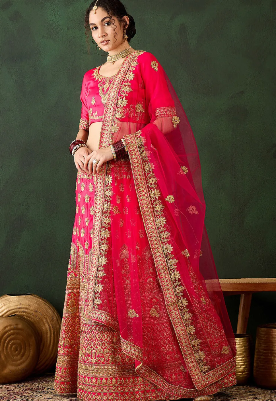 Embroidered Art Silk Lehenga in Pink
