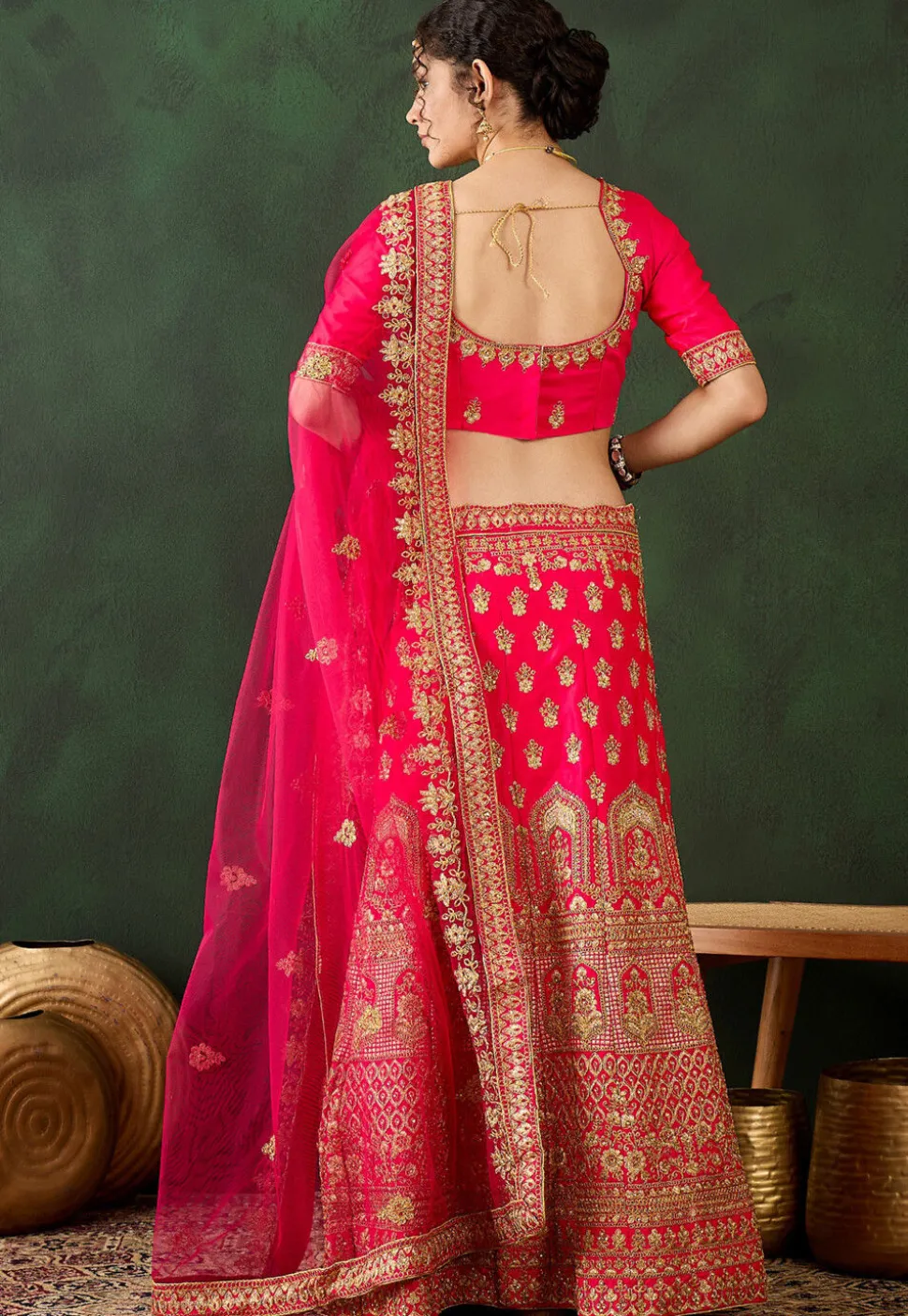 Embroidered Art Silk Lehenga in Pink