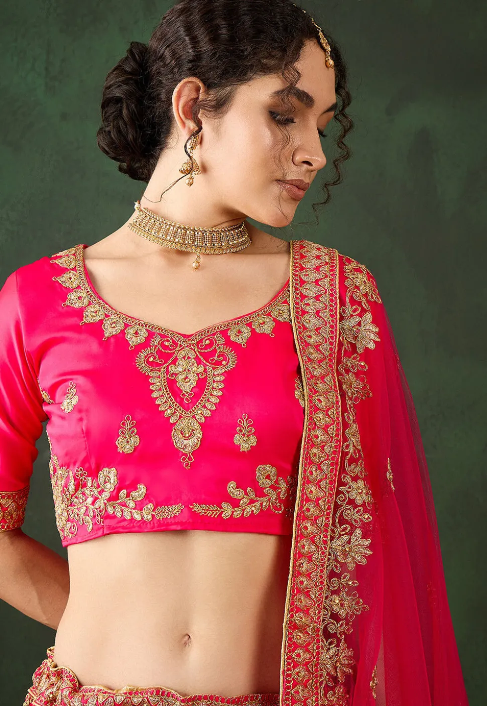 Embroidered Art Silk Lehenga in Pink