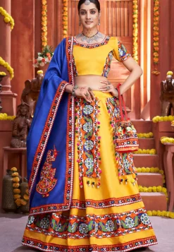 Embroidered Art Silk Lehenga in Yellow