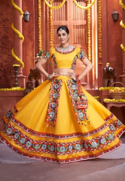Embroidered Art Silk Lehenga in Yellow