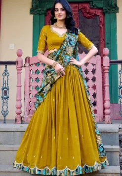 Embroidered Art Silk Lehenga in Olive Green
