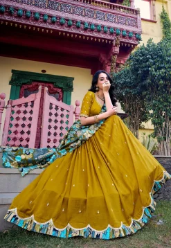 Embroidered Art Silk Lehenga in Olive Green