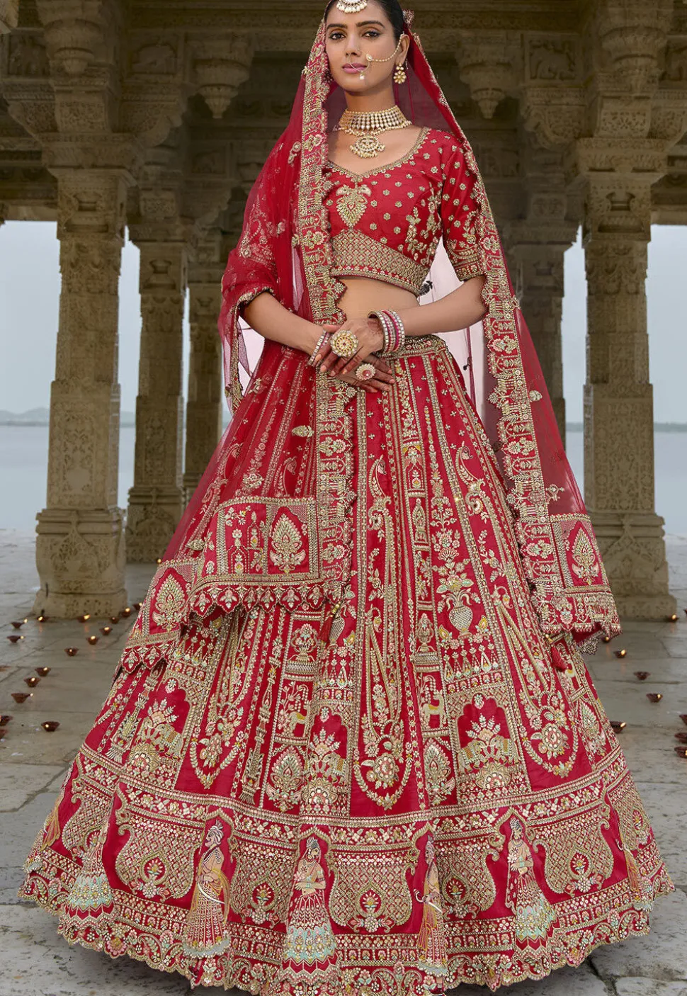 Embroidered Art Silk Lehenga in Red