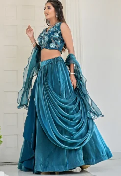 Embroidered Art Silk Lehenga in Teal Blue