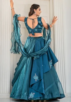 Embroidered Art Silk Lehenga in Teal Blue