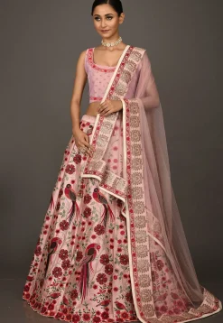 Embroidered Art Silk Lehenga in Peach