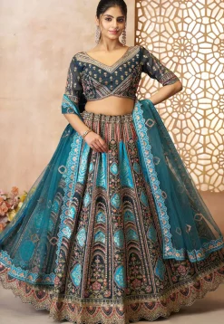 Embroidered Art Silk Lehenga in Blue