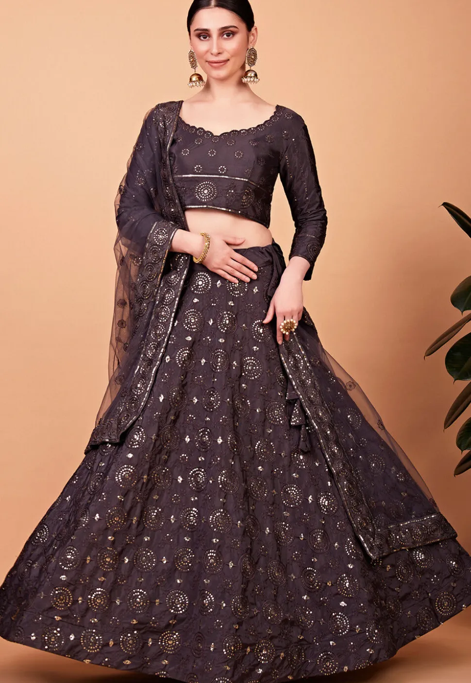 Embroidered Art Silk Lehenga in Grey
