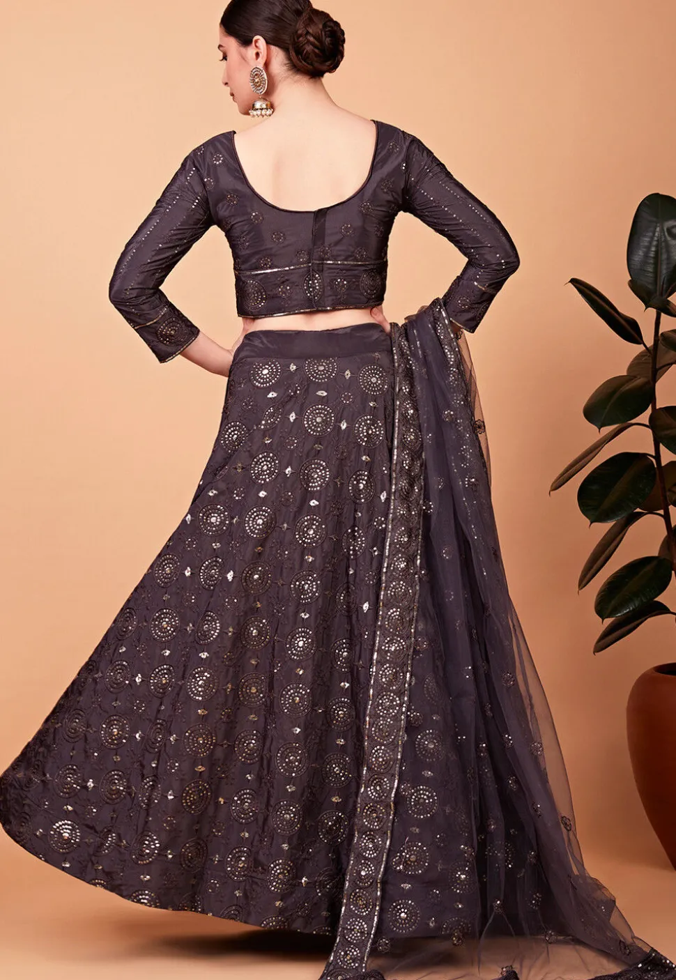 Embroidered Art Silk Lehenga in Grey
