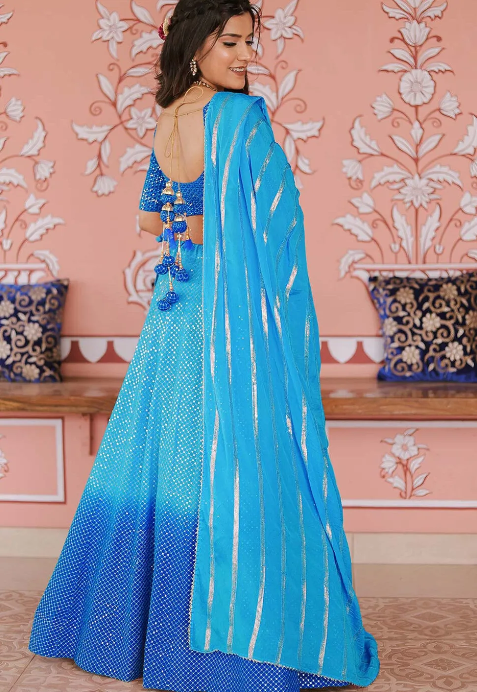 Embroidered Art Silk Lehenga in Shaded Blue