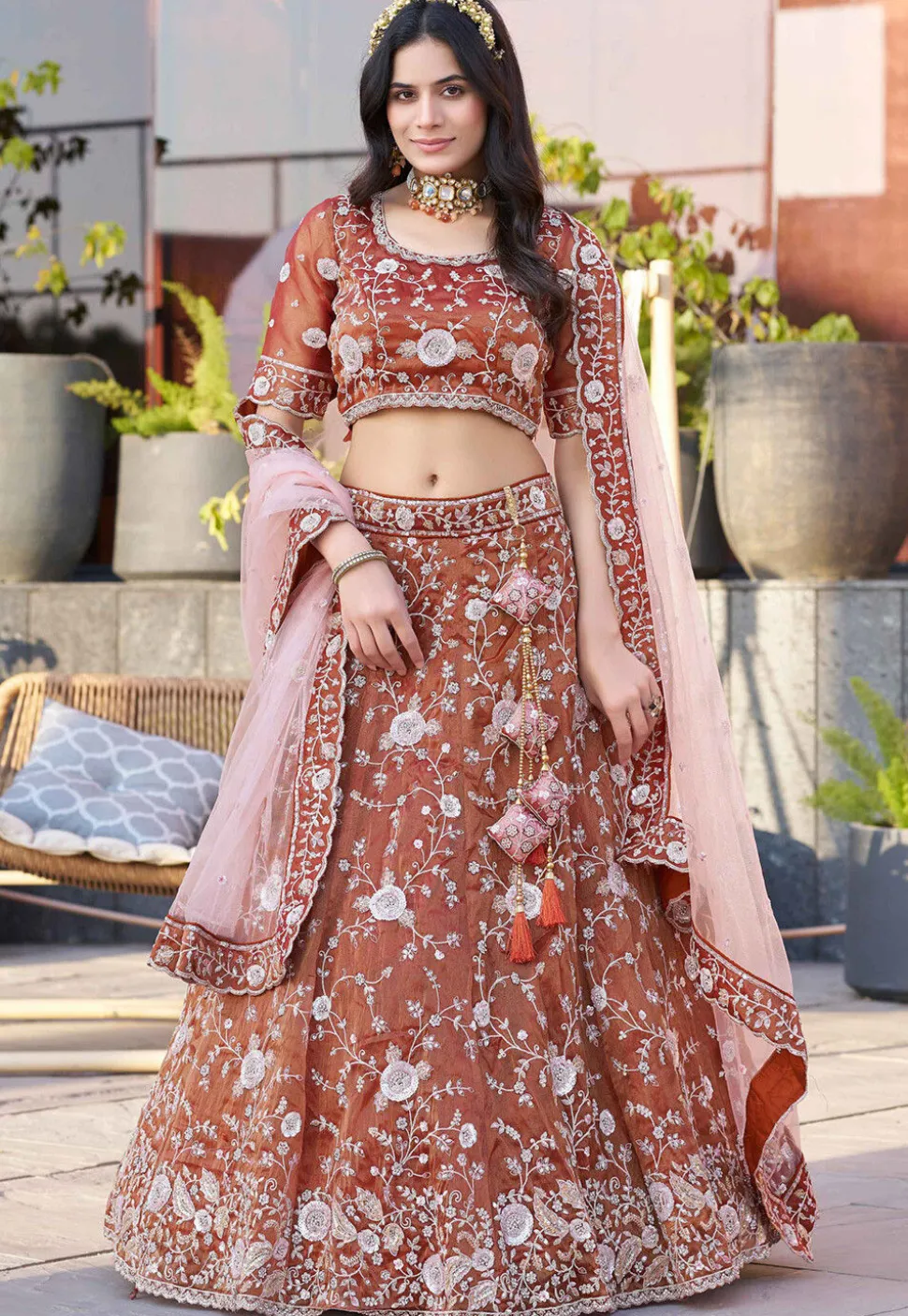 Embroidered Art Silk Lehenga in Rust