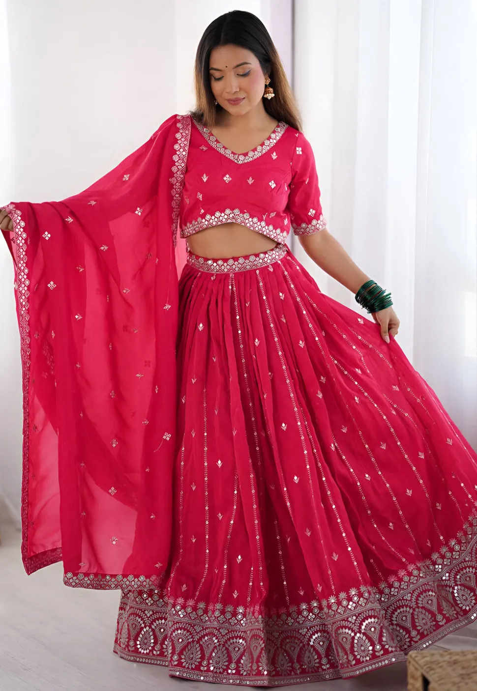 Embroidered Art Silk Lehenga in Fuchsia