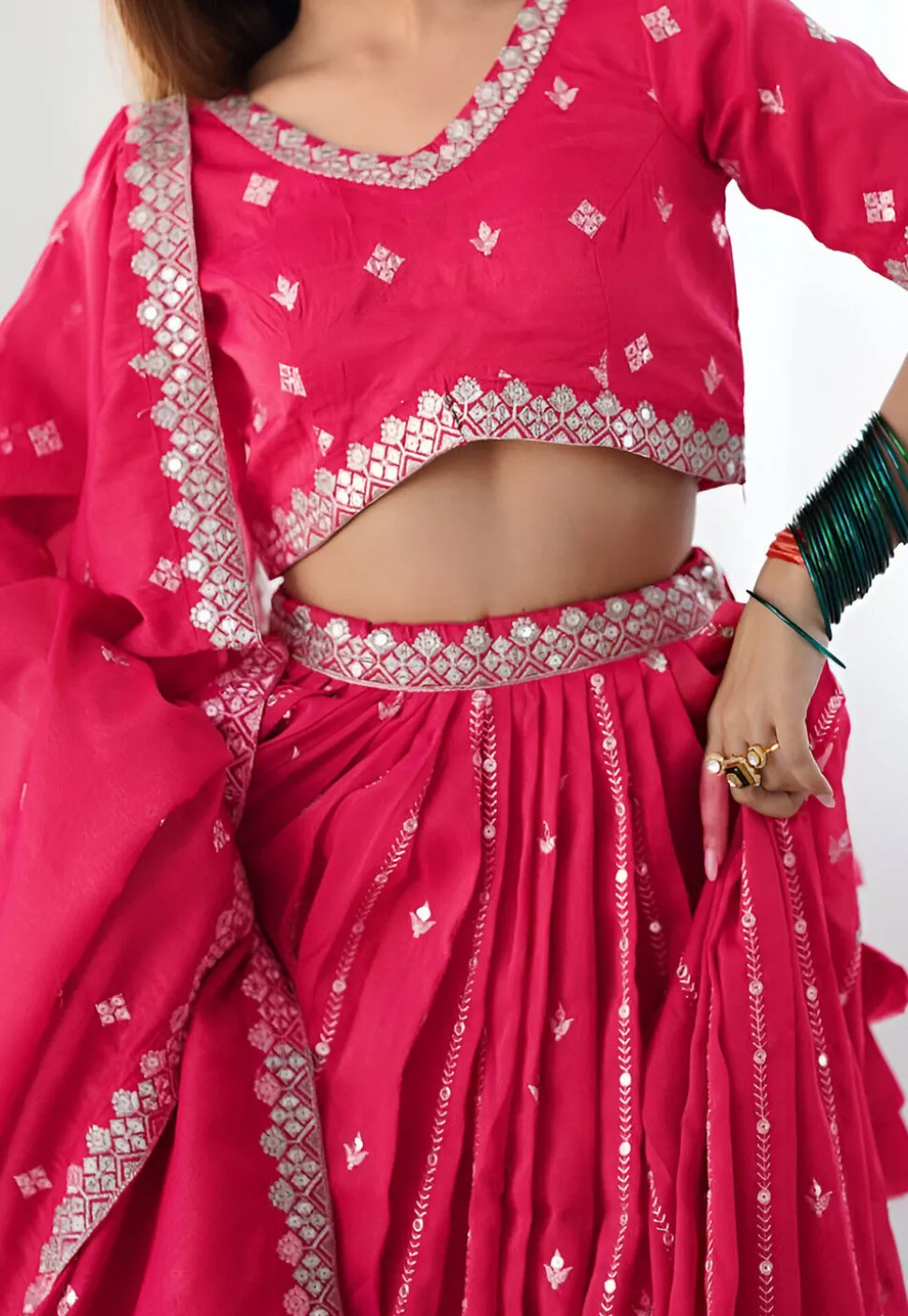 Embroidered Art Silk Lehenga in Fuchsia