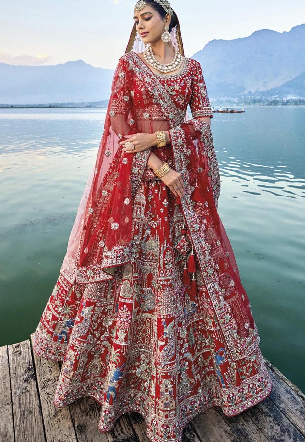 Embroidered Art Silk Lehenga in Red